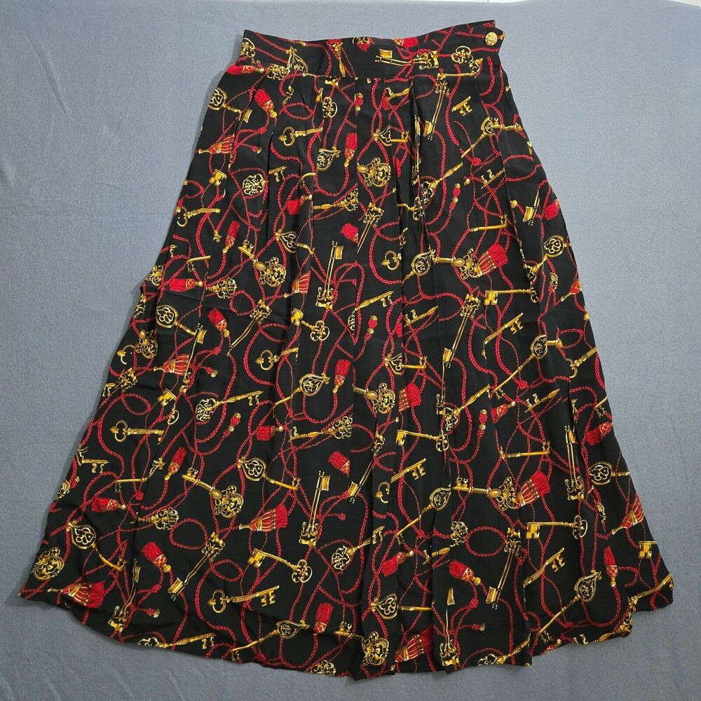 VTG Talbots Maxi Skirt Women 10P Black A-Line Equestrian Horse Bit Chain Print